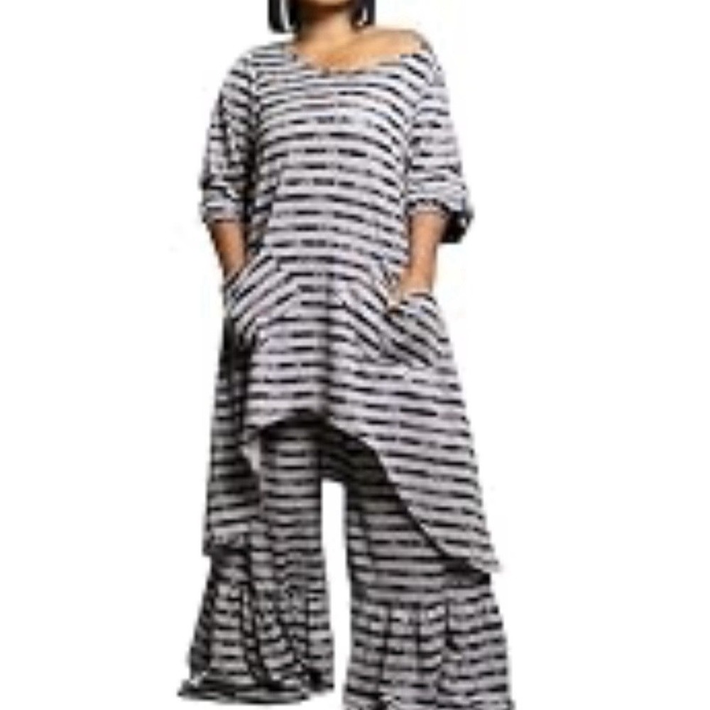 Casual Striped 2 Piece Set With Irregular Hem Top And Wide Leg Pants Size 2XL